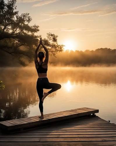 Posture de yoga au bord de l'eau au lever du soleil, symbole du yoga doux enseigné à Niort